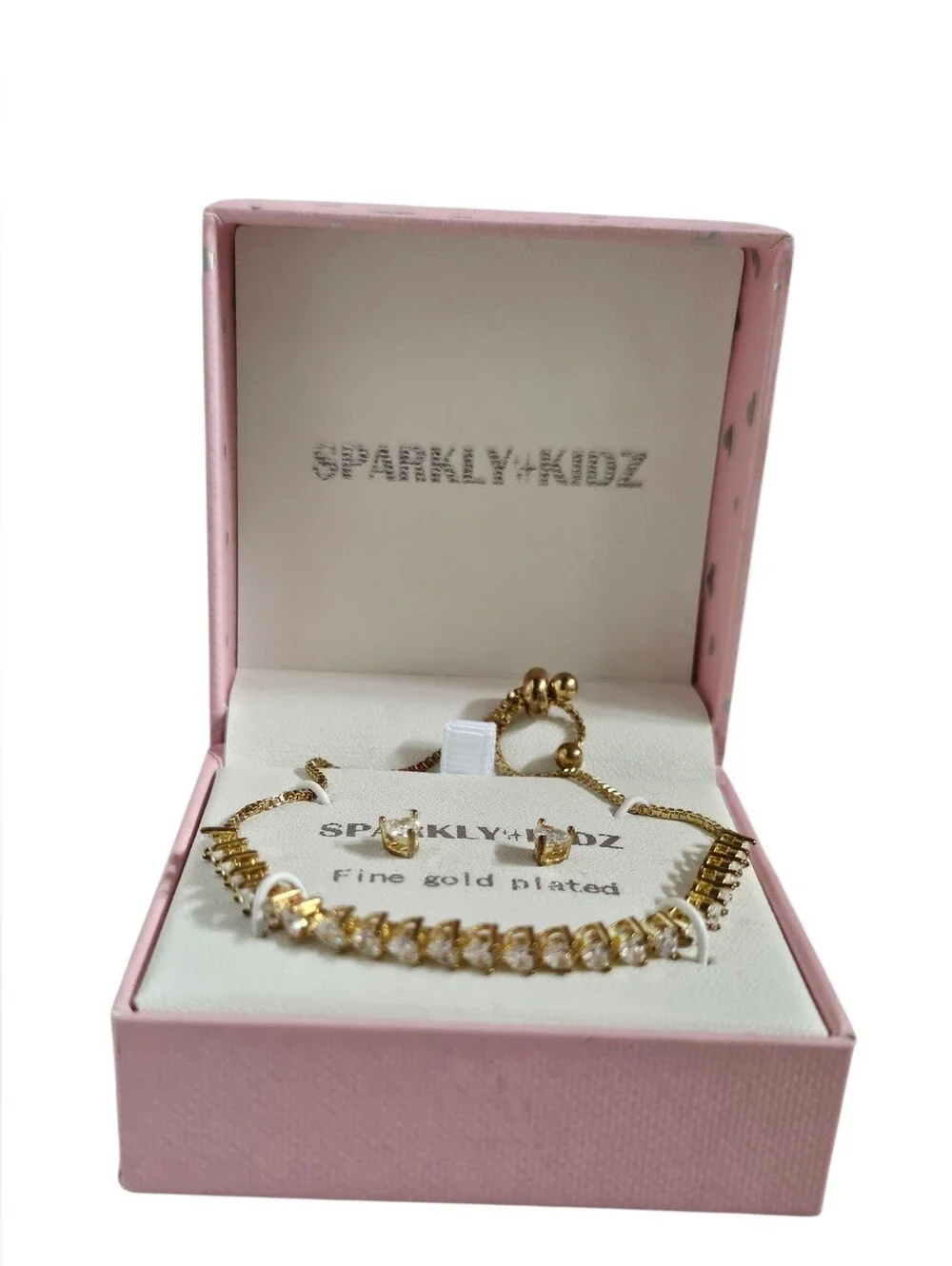 Sparkly Kidz Crystal-paved Tennis Bolo Bracelet & Heart Stud Earrings Set
